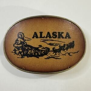 Vintage Alaska Leather Belt Buckle: Sled Dogs Mushing Made in USA